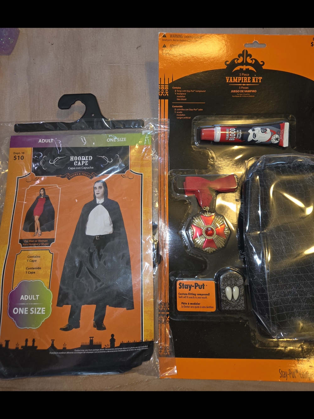 Vampire Hooded Cape Costume with Vampire Kit - Black Adult One Size NWT